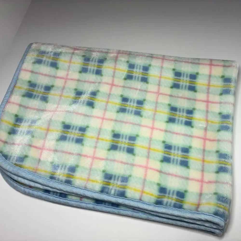 Vintage Springmaid Pastel Plaid Baby Blanket Blue Green Pink Yellow Soft Fleece